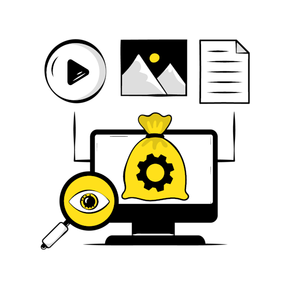 run a content audit - Illustration showing media player icon, image thumbnail, and a yellow magnifying glass with eye and gear icons examining content