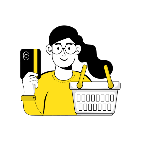 what is brand awareness - Cartoon illustration of a smiling woman with glasses and dark hair wearing yellow overalls, holding a shopping basket