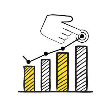 GTM plans - Line graph showing alternating striped and yellow bars increasing in height, with a hand drawing the upward trend
