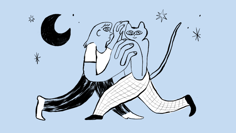 Illustration of cat and woman dancing in the moonlight