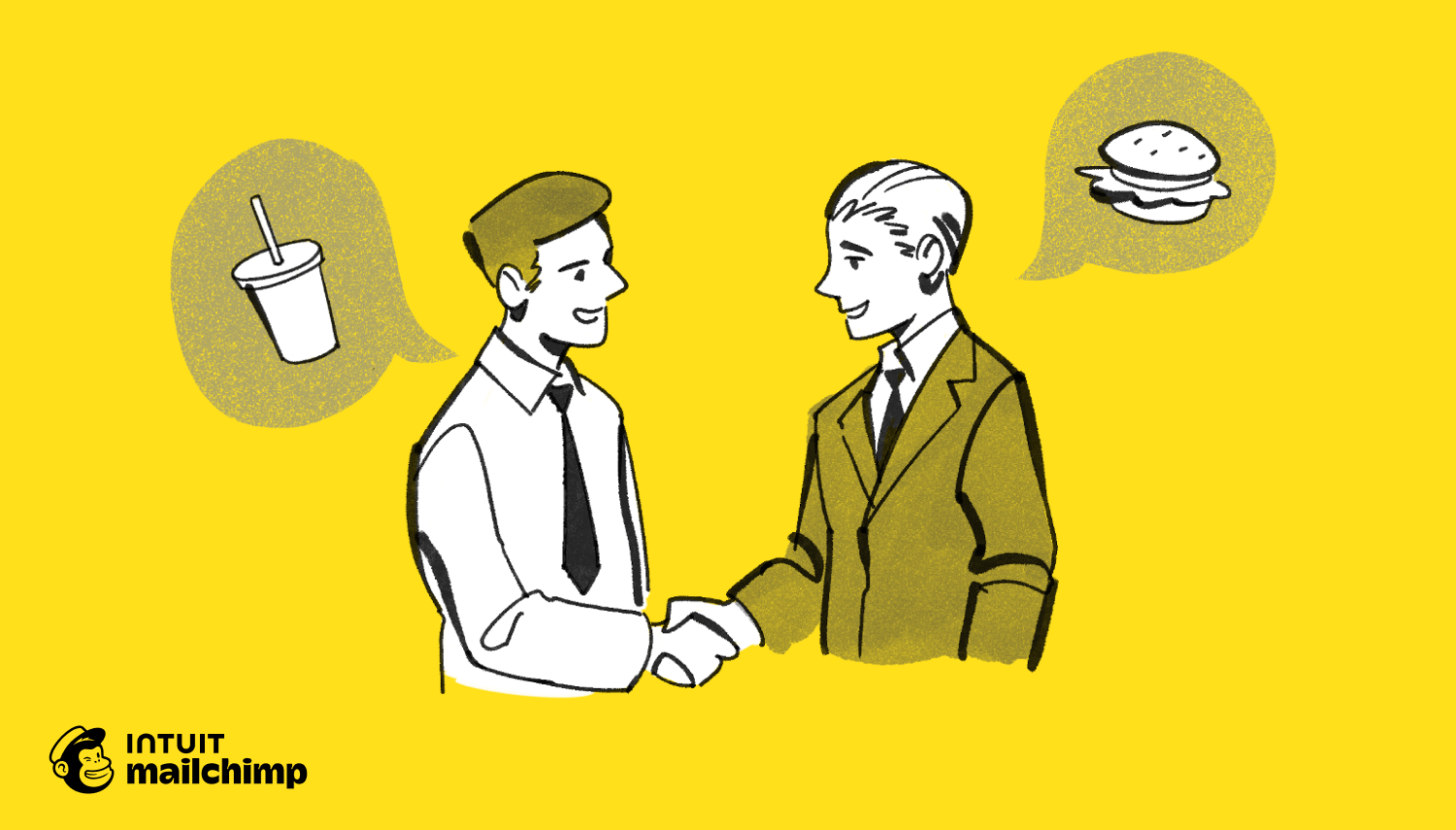 Two businessmen shaking hands with thought bubbles showing a drink cup and hamburger against a yellow background