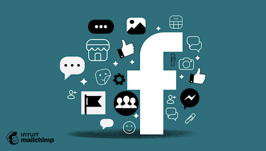 Facebook logo surrounded by social media icons including chat bubbles, thumbs up, user profiles, and messenger symbols on a teal background