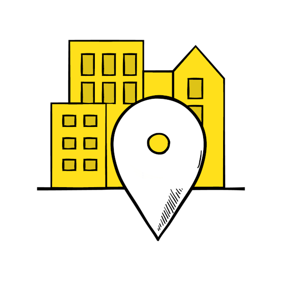benefits of a business directory - Simple line drawing of yellow buildings and a white location icon in front