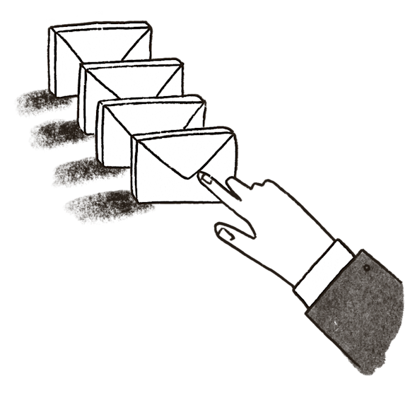 Hand pointing at a series of emails (envelopes)