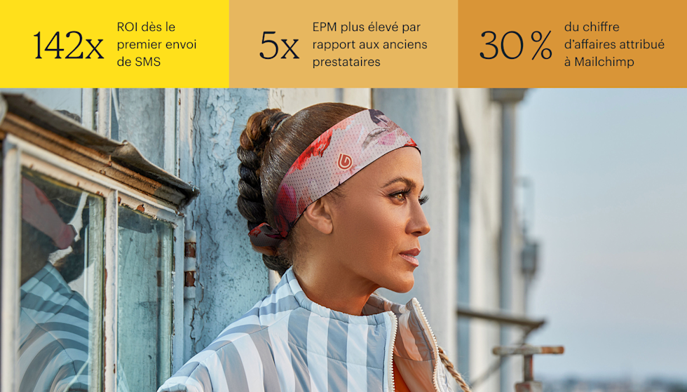 L’actrice Nicole Ari Parker se tient à l’extérieur, près d’un bâtiment patiné par le temps, le regard pensif tourné vers l’horizon. Un paysage urbain se dessine en arrière-plan, légèrement flou. Elle porte un bandeau Gymwrap à motifs roses, ses cheveux sont coiffés en un chignon tressé. Les chiffres en haut indiquent : un ROI de 142 fois supérieur lors du premier envoi de SMS, un RPM 5 fois plus élevé que celui des anciens fournisseurs, et 30 % du chiffre d’affaires attribué à Mailchimp.