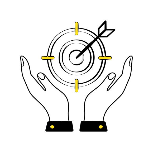 use marketing analytics - Line drawing of two hands holding up a target with an arrow in bullseye, featuring black outlines and yellow accents