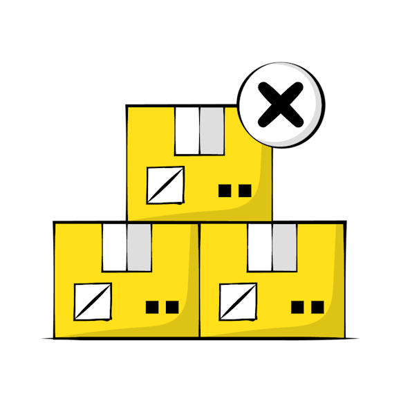 sell without inventory - Stack of three yellow shipping boxes with a cancel or delete icon