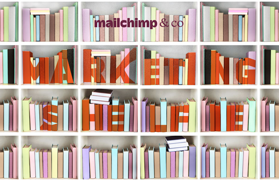 Colorful bookshelves arranged to spell out "MAILCHIMP & CO" and "MARKETING" using book spines in pastel and orange tones