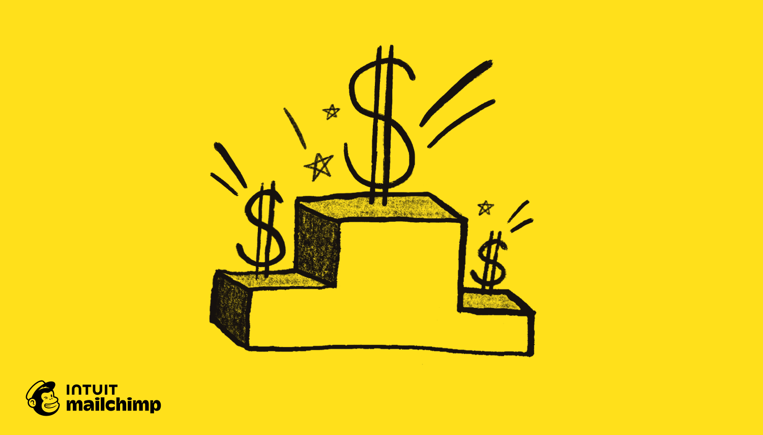 Hand-drawn illustration of dollar signs ascending steps on a yellow background, suggesting financial growth or progress