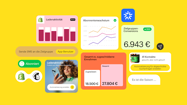 E-Commerce-Analyse-Dashboard, das die Shop-Aktivitäten, das Abonnentenwachstum, die Umsatzkennzahlen und die Automatisierungs-Features auf einem leuchtend gelben Hintergrund zeigt.