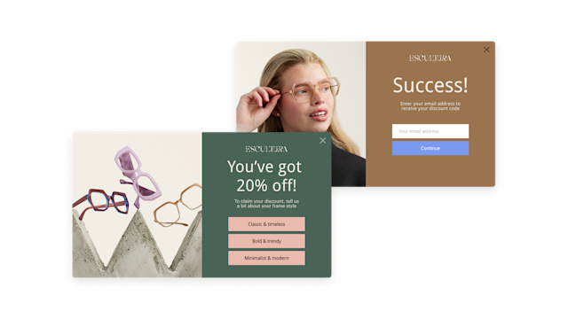 Two-step ecommerce popup featuring a 20% off preference quiz screen and a follow-up email capture form.