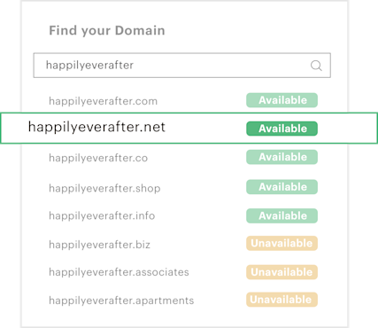 A list of domains displaying whether they are available or not with "happilyeverafter.net" displayed as the selected domain