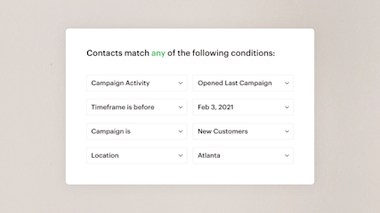 Email personalization showing the ability to filter contacts by matching conditions to campaign activity, timeframe, location, and more