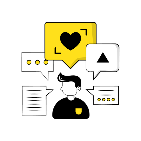 hierarchy of needs - Illustration of a person with many speech bubbles above, containing various icons including a heart, triangle and speech text