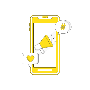 instagram ads - Line drawing a mobile phone with yellow accents showing social media and messaging interface elements