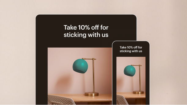 Marketing promotion showing teal desk lamp on wooden surface, displayed on tablet and phone screens with 10% discount message