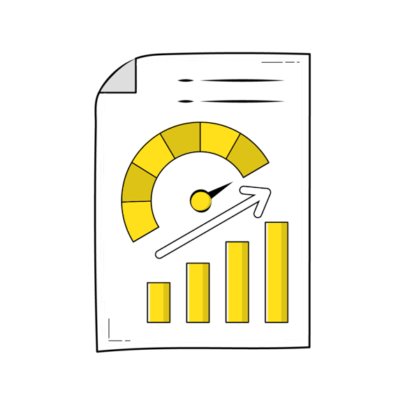 tracking marketing metrics concept - Document showing performance metrics with yellow gauge meter and ascending bar chart indicating growth or improvement