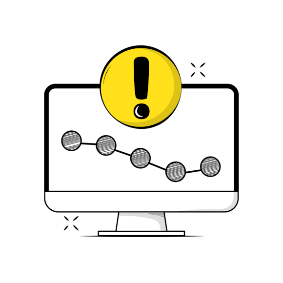 marketing metrics mistakes concept - Computer monitor displaying downward trending graph with yellow warning symbol above