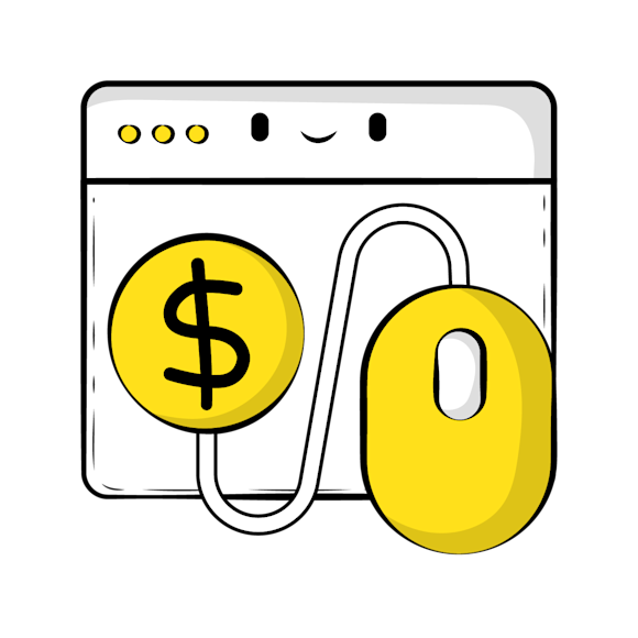PPC benefits - A yellow computer mouse with a dollar sign symbol on it, shown against a white browser window