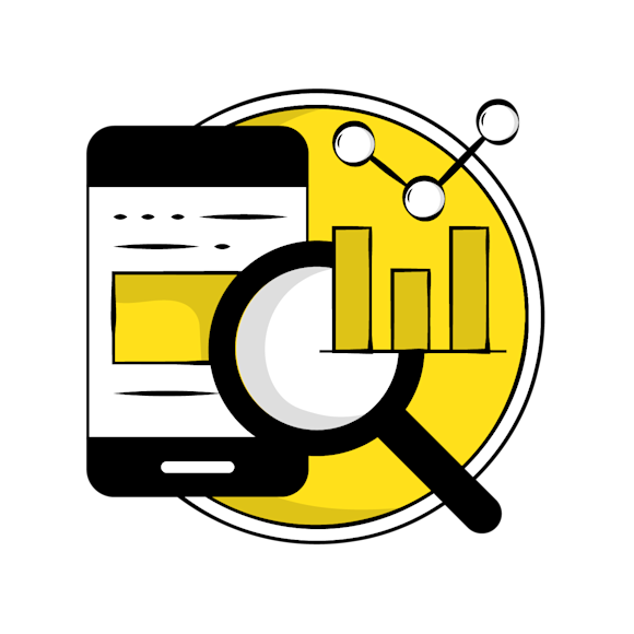 marketing optimization - A magnifying glass examining a bar graph against a yellow circular background