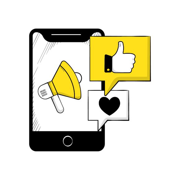 facebook ads work - Illustration of a smartphone screen showing social media interactions with a thumbs up icon in yellow and a heart icon in speech bubbles