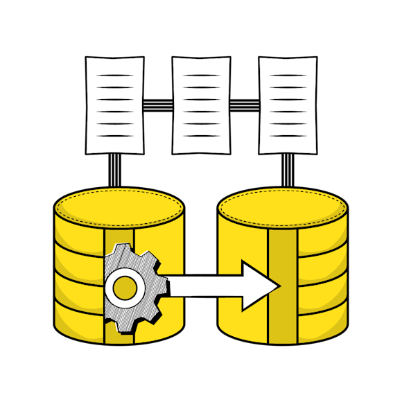 benefits of website migration - Illustration of two yellow database cylinders connected to document icons above, with a gear symbol on one database representing website migration