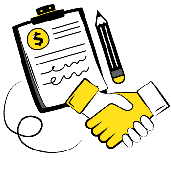 business proposal - Cartoon illustration of a handshake and a clipboard with a pencil and dollar sign