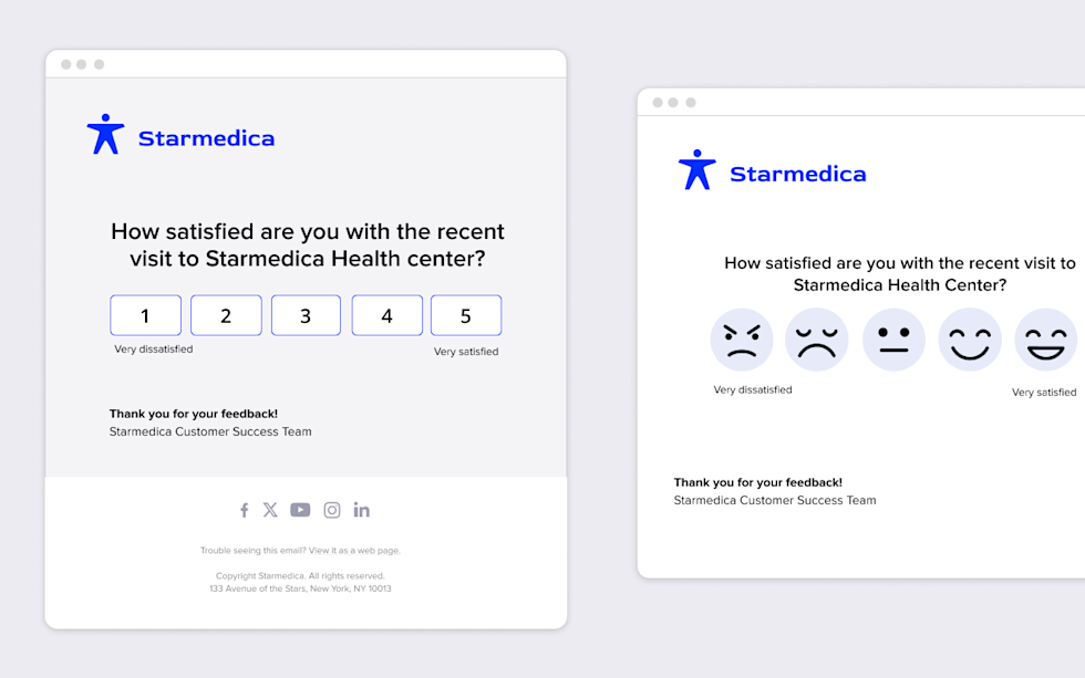 Two versions of a Starmedica patient satisfaction survey email with numeric and emoji rating scales.