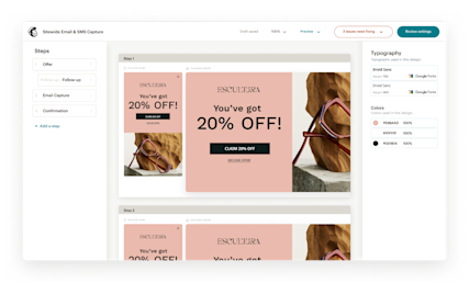 A screen capture of the Mailchimp app showing the form builder, including robust options for different font choices, customer journey, and the easy-to-use design tools.