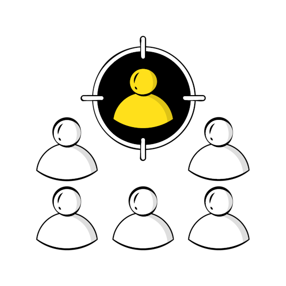 market to your audience - Icon illustration showing a yellow highlighted user figure in a circular target or focus area, surrounded by five gray user figures below