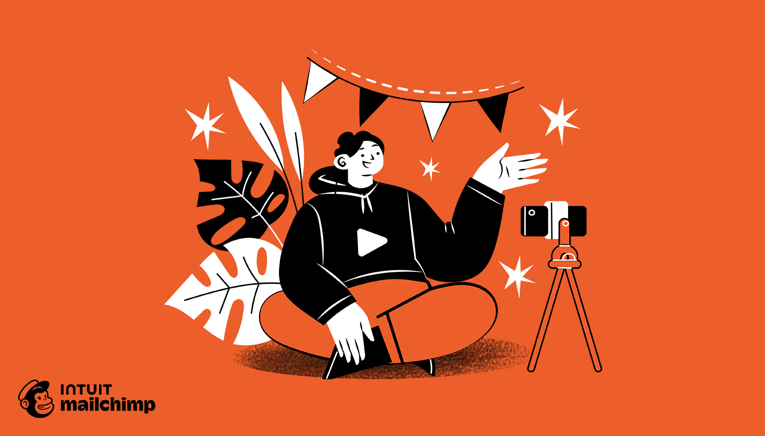 Cartoon illustration of content creator sitting casually in front of camera on tripod, with decorative bunting and tropical leaves against orange background