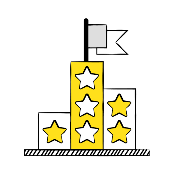 reach business goals - Line drawing of three ascending yellow columns with star cutouts