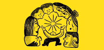 Simple black line drawings of cartoon bears and other animals on a bright yellow background