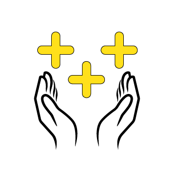 CMS benefits - Simple black line drawings of hands holding yellow plus signs