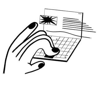 Giant hand with painted fingernails typing on laptop/computer.