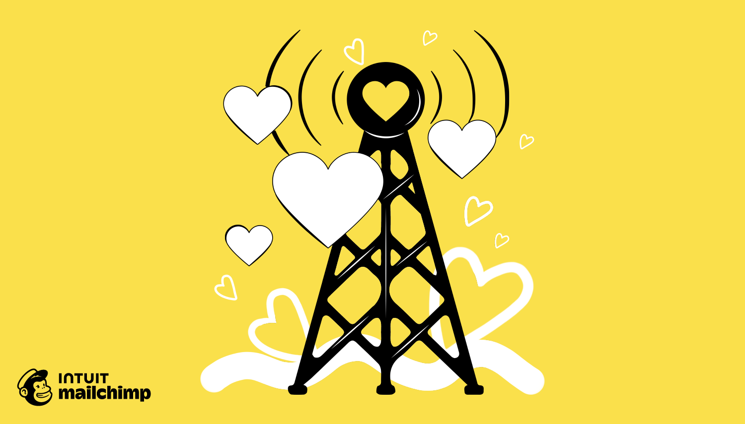 Black radio tower broadcasting white heart symbols against yellow background, with Mailchimp logo in bottom corner
