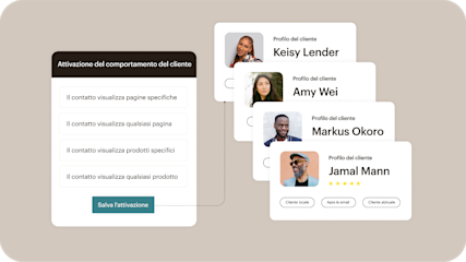 Dashboard che mostra i profili dei clienti e gli strumenti di segmentazione del pubblico di Mailchimp per le campagne di marketing.