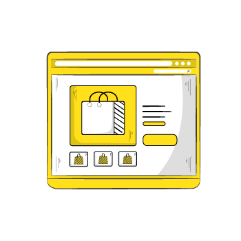 product page use - Simple line illustration showing browser window with shipping bag / ecommerce layout