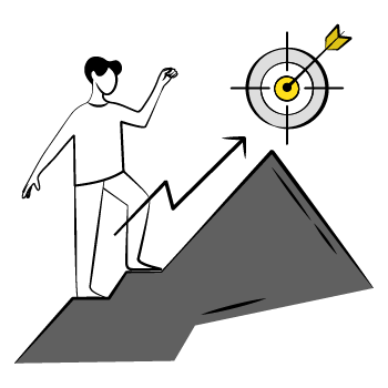 earned and paid media - Simple line drawing showing a stick figure climbing an upward mountain with a bullseye at the peak