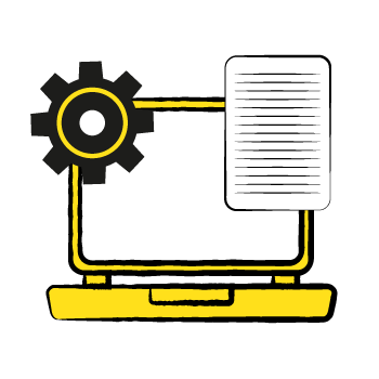 content management system - Black and yellow icon of a laptop computer with a gear symbol and document page