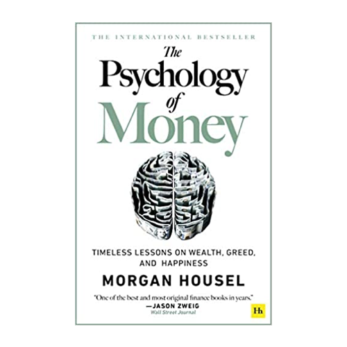 Book cover of "The Psychology of Money" featuring black brain illustration and green text on white background