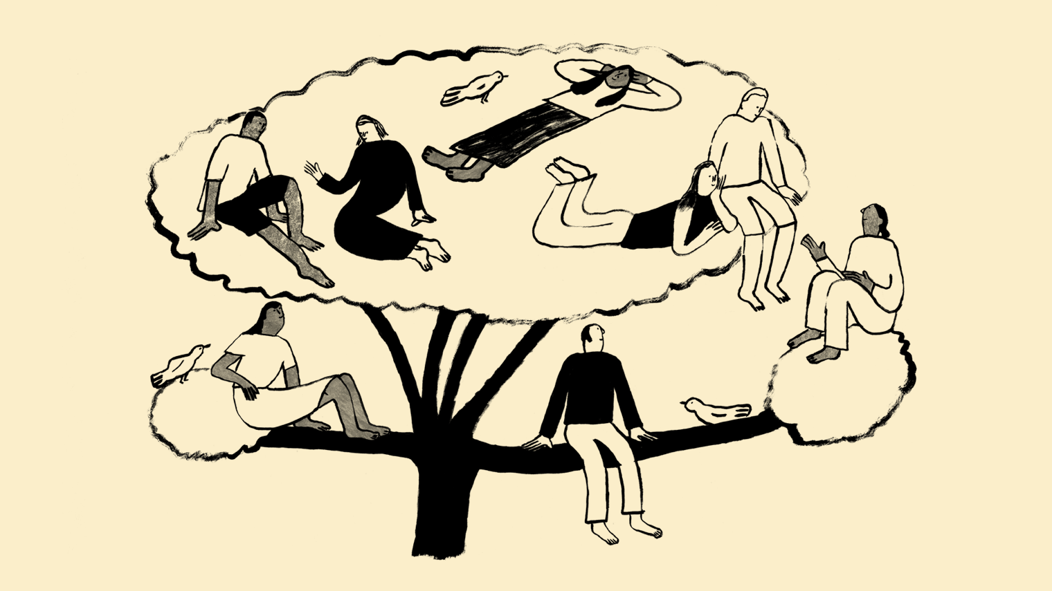 A bunch of people hanging out on a tree