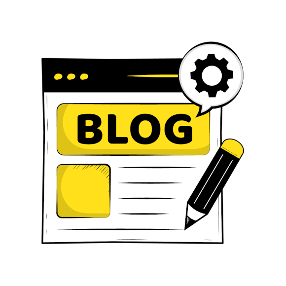 personal blog - Illustration of a blog interface with a yellow BLOG label, pencil icon, and settings gear symbol against a white background