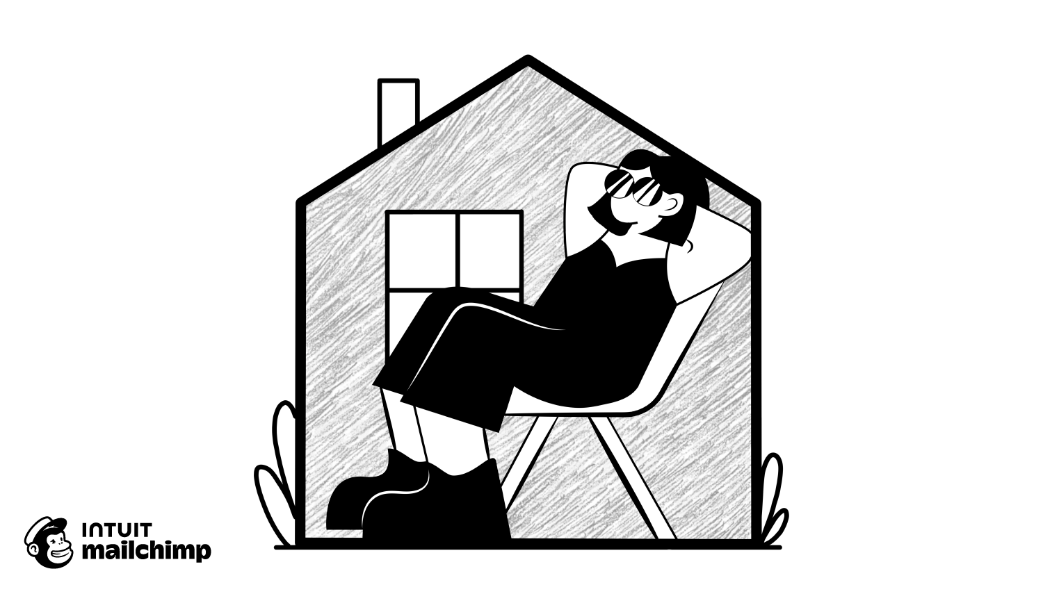 Black and white illustration of a person relaxing in a chair at home, wearing sunglasses and casual clothing