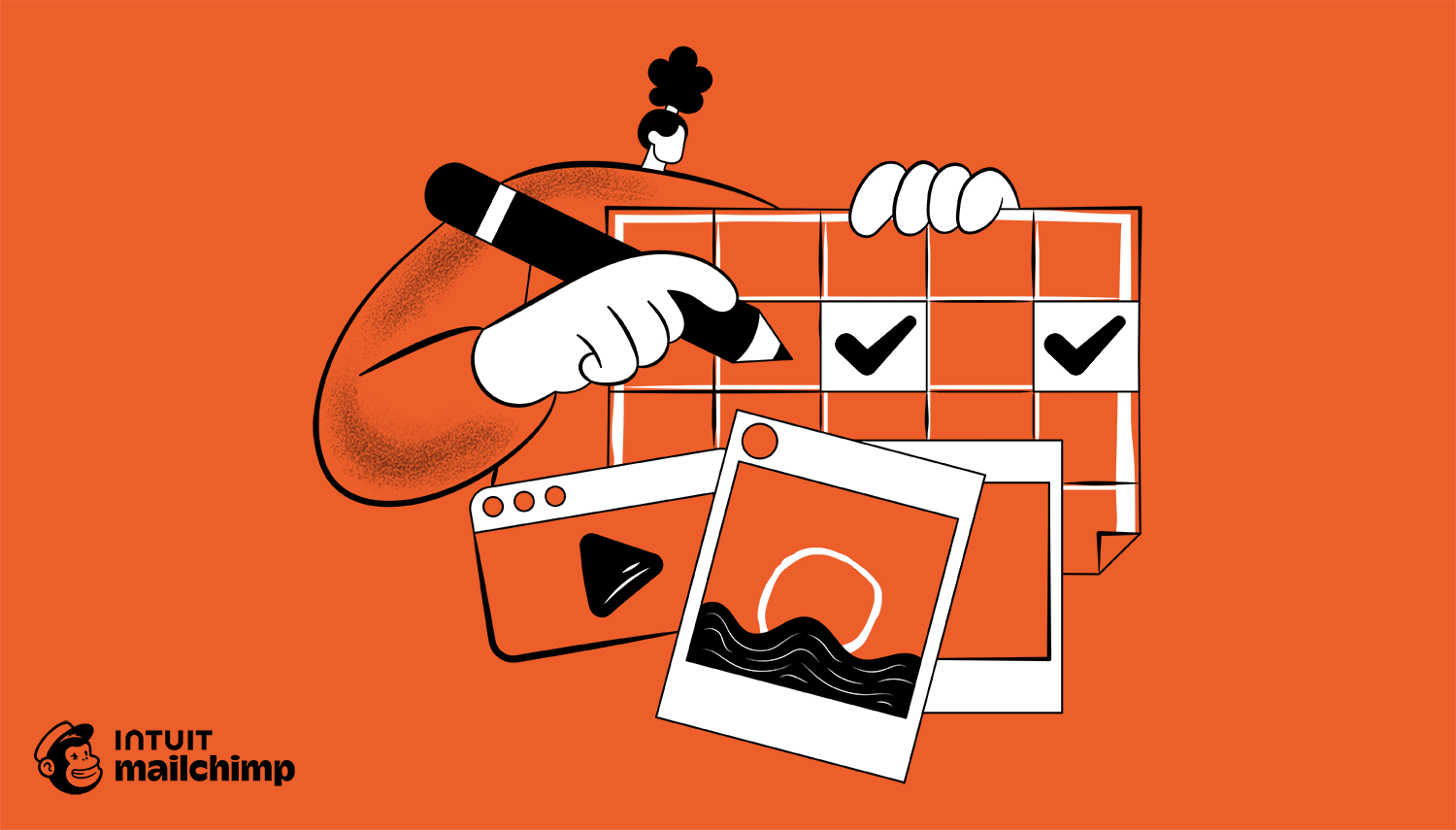 Cartoon illustration showing a hand with pencil marking a calendar, alongside media elements like photos and video player on orange background
