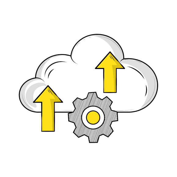 poor website migration - Illustration showing a gray gear wheel with yellow arrows pointing upward against a white cloud background, suggesting importance of proper migration