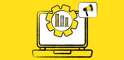 Line drawing icons on yellow background showing laptop, gears, and analytics charts representing digital business solutions