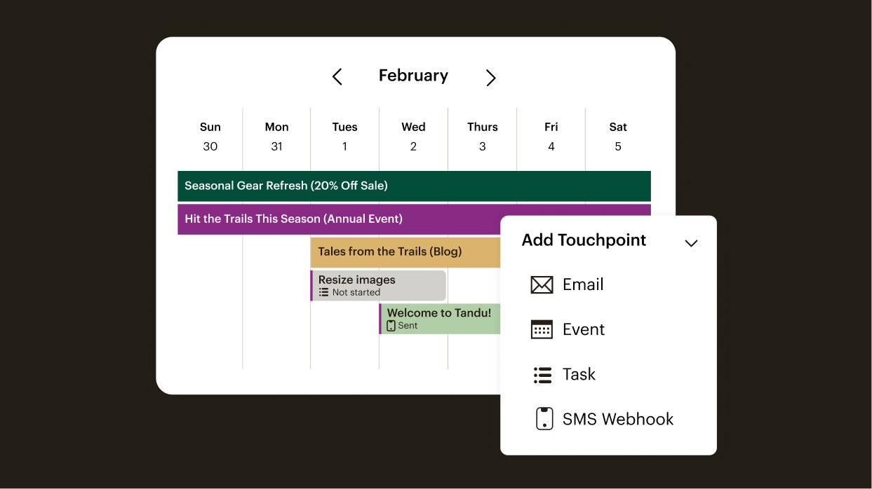 Calendar interface showing February schedule with marketing events including Seasonal Gear Sale and Trails Event, plus blog and welcome message tasks