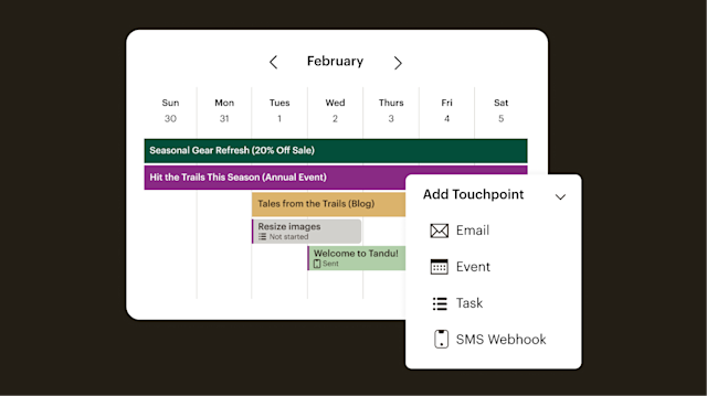 Calendar interface showing February schedule with marketing events including Seasonal Gear Sale and Trails Event, plus blog and welcome message tasks