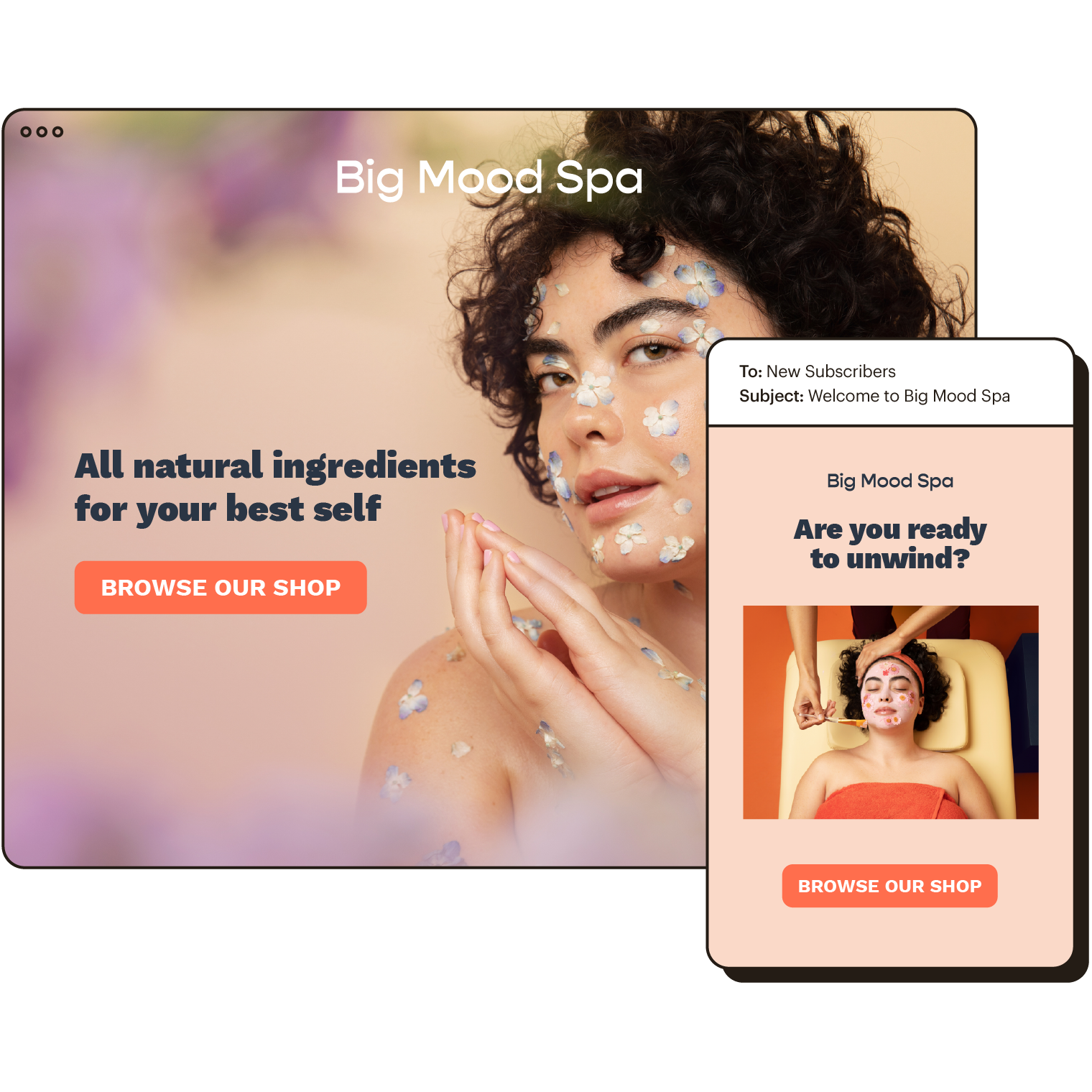 Big Mood Spa’s online store, shown beside an example of an email automation sent to new subscribers.
